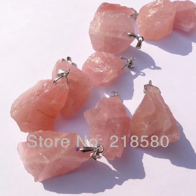 

H-RQP025 10pcs Raw Rose Quartzs Point Stone Pendant Silver Bail 25-45mm Long