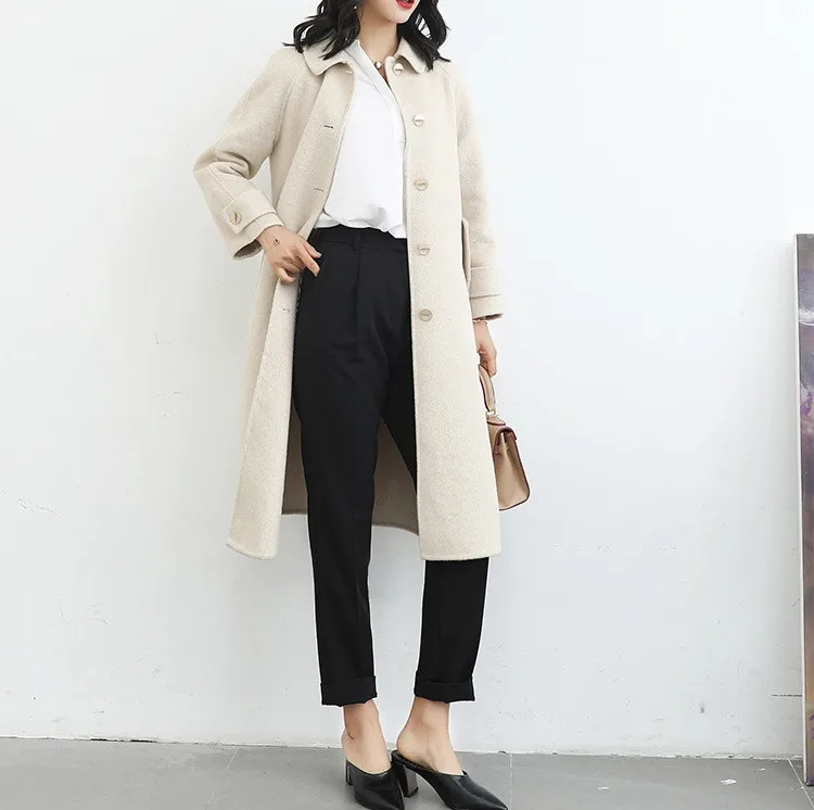 Coat Female 2019 Spring Woolen Coat Female Medium Length Alpaca Outerwear Women's Clothing Slim New