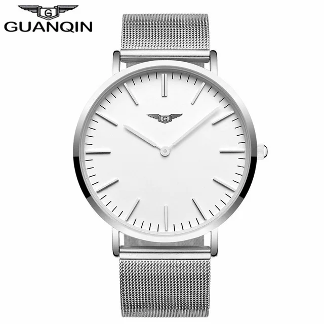silver white steel GUANQIN мужские часы брендовые Роскошные Кварцевые ультра тонкие часы мужские Сетчатое обтягивающее платье из нержавеющей стали наручные часы Relogio Masculino - Цвет: silver white steel
