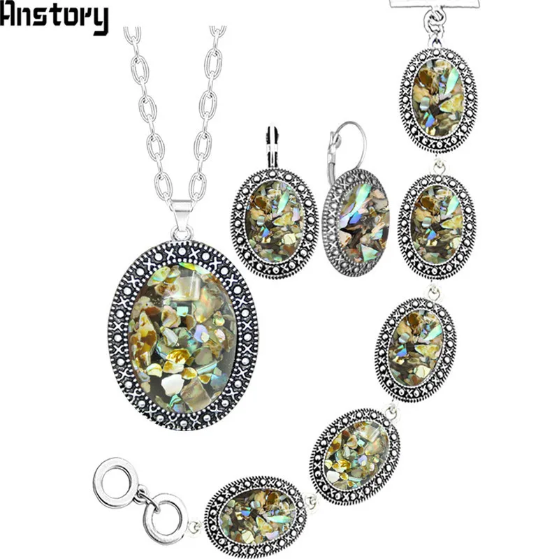 Classic Oval Shell Jewelry Set Antique Silver Plated Necklace Earrings Bracelet Fashion Jewelry TS415