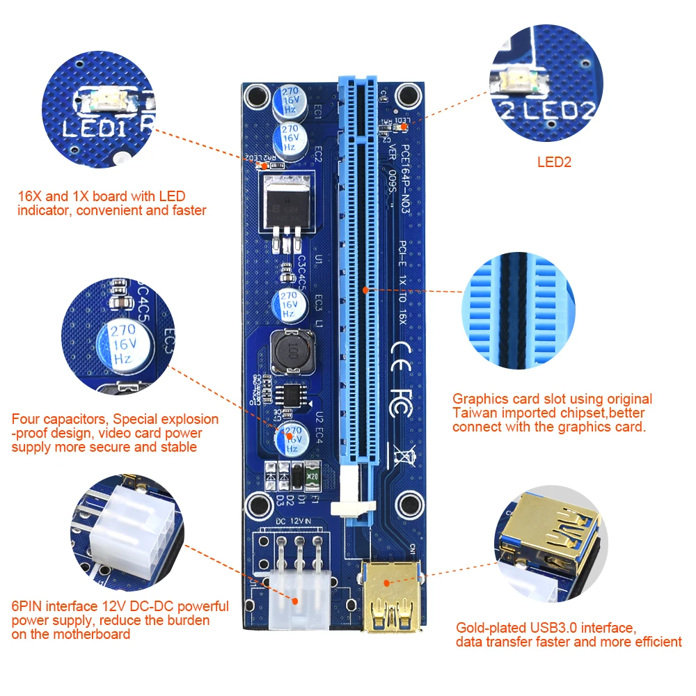 Райзер-карта TISHRIC 10 шт. Golden VER009S PCI Express PCIE PCI-E 009s Molex 6Pin для SATA 1X 16X USB 3 0 адаптер