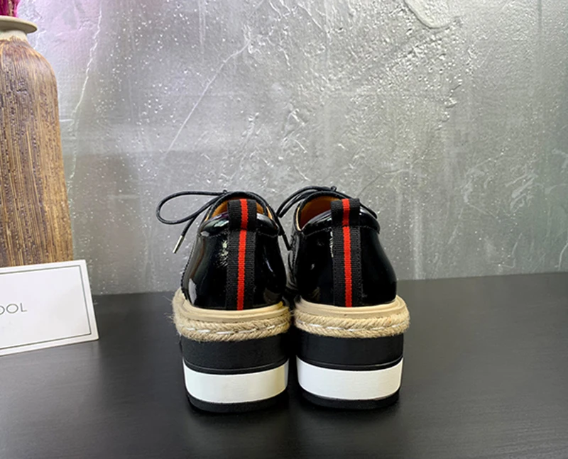 Creepers Дизайнерская обувь для женщин Роскошные веревка платформа повседневное полуботинки из лакированной кожи клиновидная конопли квадратный носок зеленый