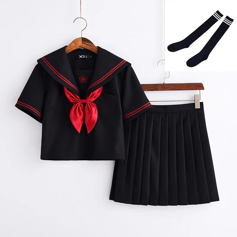 Short Set With Socks Красная Сакура вышивка японская Униформа черный милый матроска Топы плиссированные юбки полный наборы Косплей Костюм JK S-XXL - Цвет: Short Set With Socks