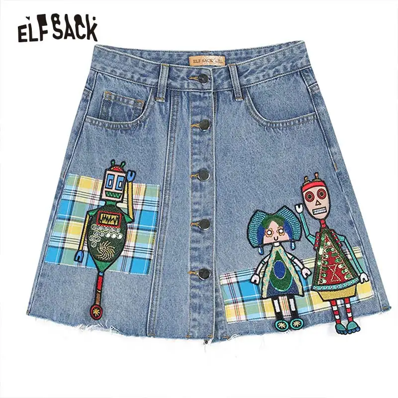 Женская джинсовая юбка ELF SACK голубая повседневная со средней посадкой с вышитым