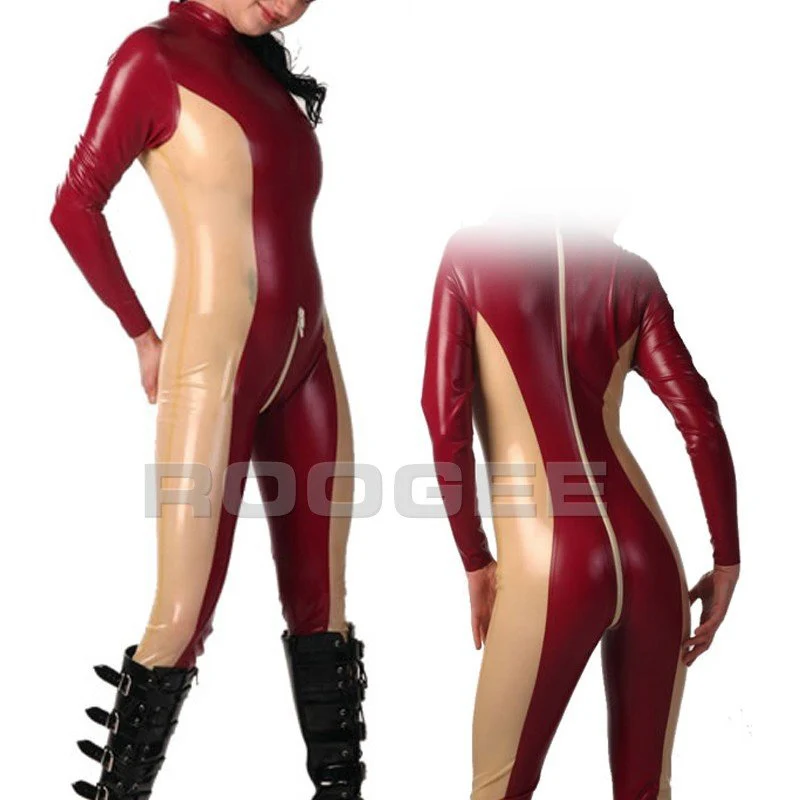 latex catsuit panty-hose jumpsuits in dark red and flesh