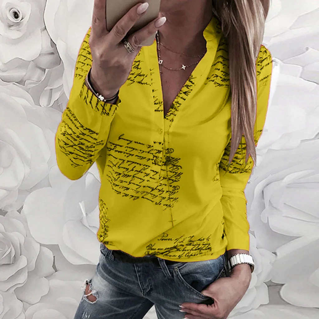 

Women V Neck Letters Printing Button Long Sleeve T-Shirt Tops Blouse New Cotton Women T-Shirt V Neck Letters Printing Button Lon