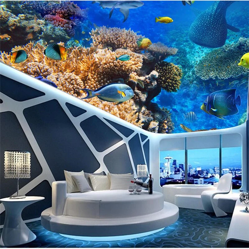 wellyu Custom wallpaper 3d murals beautiful underwater world fish creatures zenith ceiling fresco papel de parede | Обустройство дома
