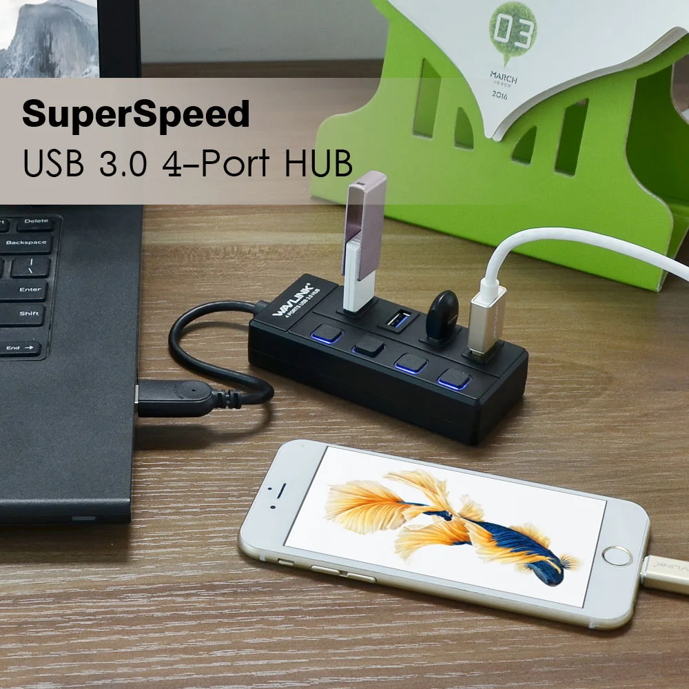 Wavlink 4 порта USB3.0 концентратор Высокоскоростной 5 Гбит/с usb-хаб с индивидуальным переключателем вкл/выкл usb-хаб сплиттер адаптер для Windows ноутбука ПК