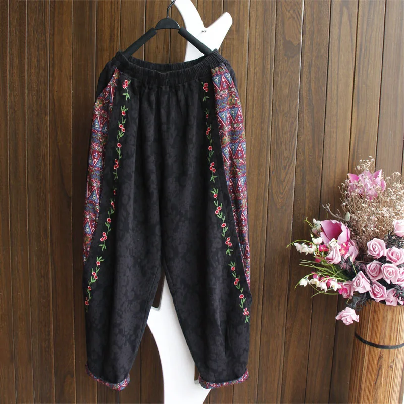 Брюки женские в ретро стиле хлопково-льняные штаны с принтом эластичной резинкой