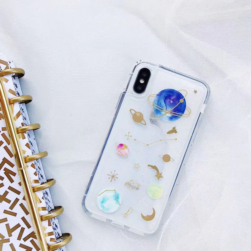 JiBan Universe Saturn Glitter Powder Cushion Mobile Phone Case For iPhone 6 6S 7 8 Plus X Cases Anti-fall Sandpaper Soft Sleeve | Мобильные