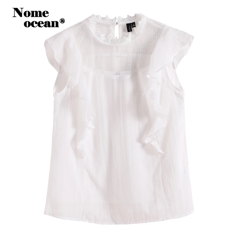 Sweet Embroidered Lace Patchwork Chiffon Blouses Ruffle Short Sleeve Shirt White Tops of Women Office Lady Top M19052627 |
