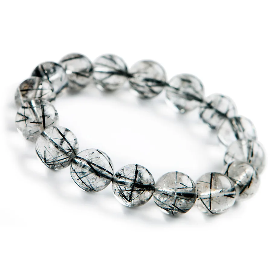 

13.5mm Brazil Genuine Natural Black Rutilated Quartz Crystal Round Bead Stretch Bracelet
