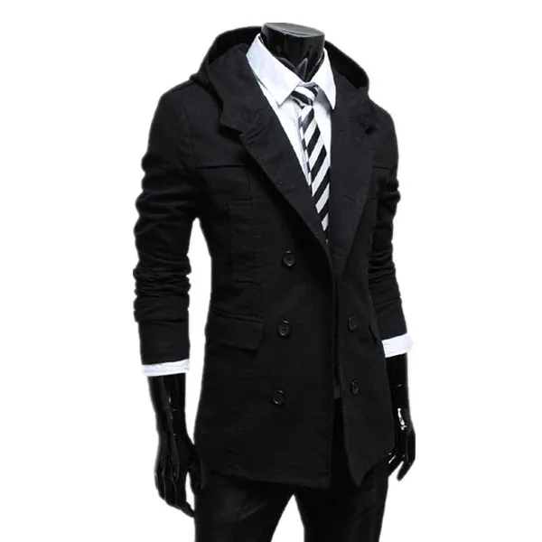 

2015 Hot Fashion autumn and winter mens trench coat double-breasted design Hooded trench coat Solid Slim Men Casual Jacket