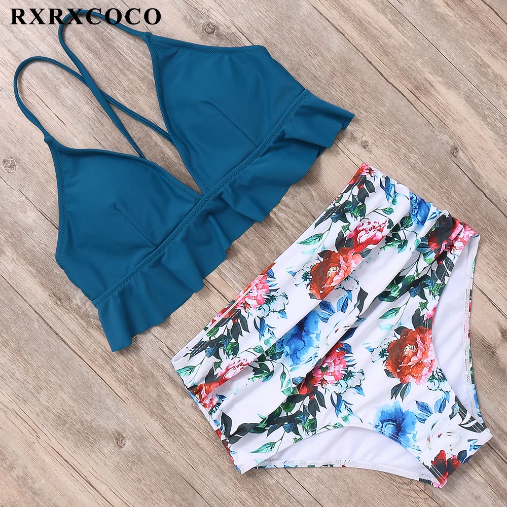 RXRXCOCO, бикини,, Mujer, новинка, сексуальный купальник для женщин, высокая талия, купальник, пуш-ап, бандаж, купальник, с рисунком, бикини, набор