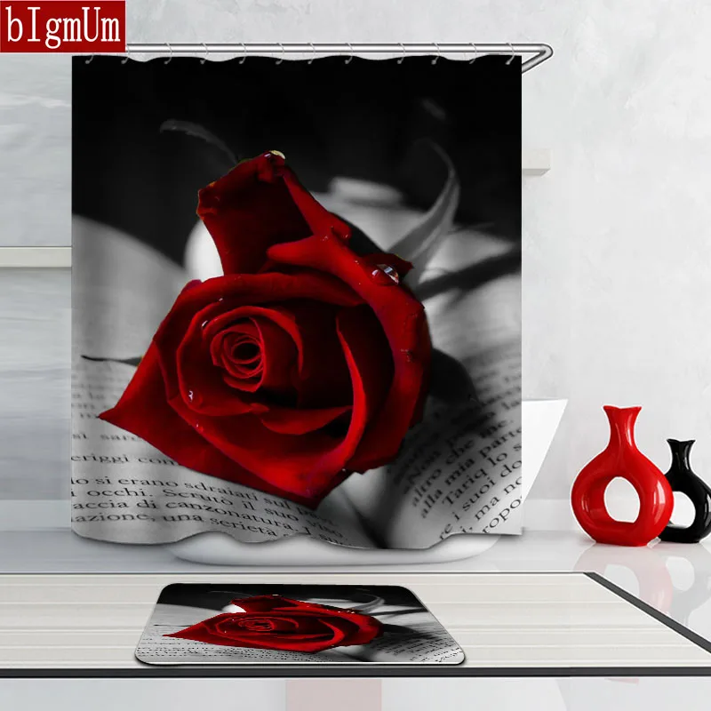 

Waterproof 3D Flower Print Shower Curtain For Lover Polyester Fabric Curtain Washable Bathroom Curtains Wedding Home Decoration
