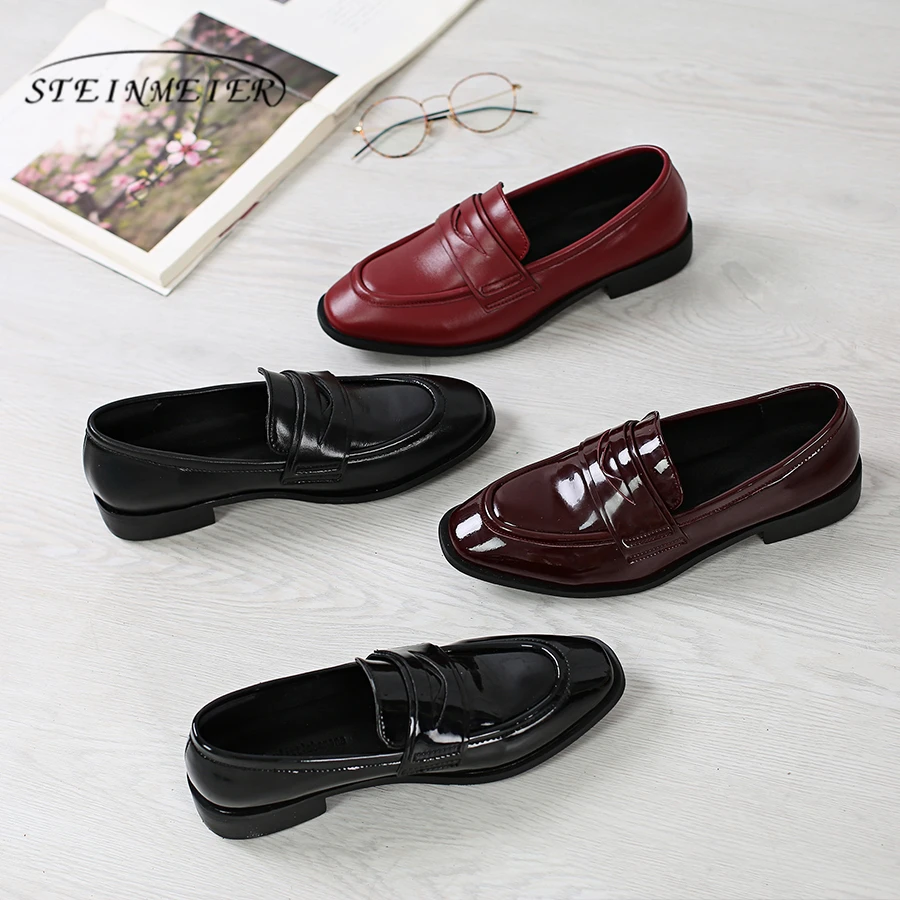 

100% Genuine cow leather casual designer vintage lady flats shoes handmade oxford shoes for women 2020 black red with fur