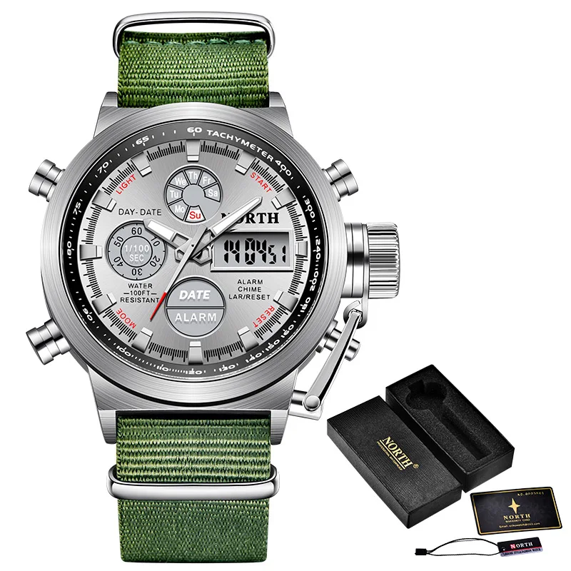 NL Green White Box NORTH спортивные часы мужские военные кварцевые часы для мужчин аналоговые светодиодные цифровые кожаные нейлоновые мужские часы повседневные водонепроницаемые наручные часы - Цвет: NL Green White Box