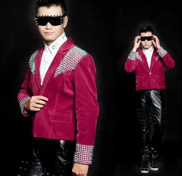 

Red Black Rivets Singer blazers stage rock blazer men suit fashion suits for men blazer jacket masculino Customizable
