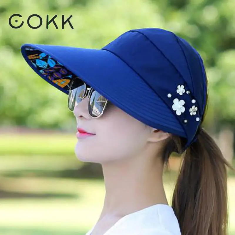 Шляпа от солнца COKK Женская Складная Пляжная Панама с широкими полями и цветами