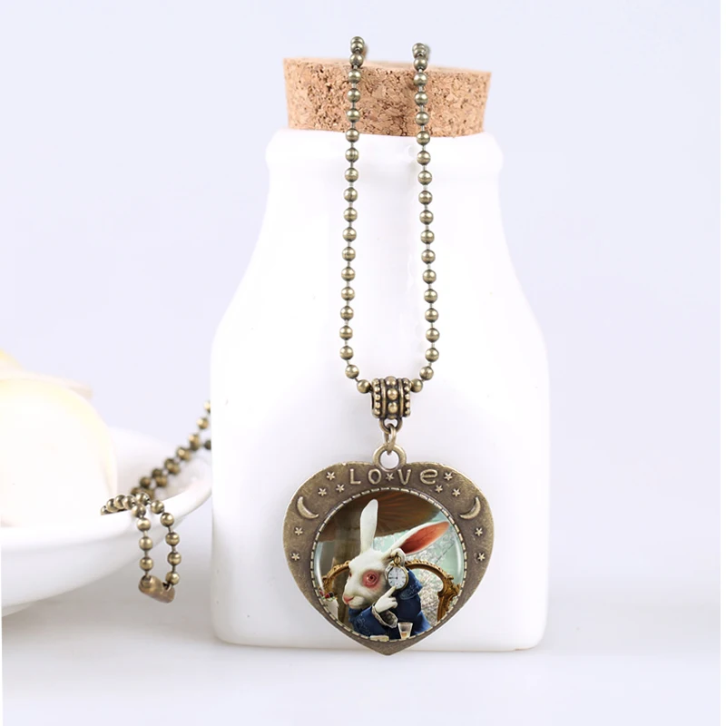 10pcs Rabbit Clock Bronze Heart Pendant Alice In Wonderland Bead Necklaces Retro Women Children | Украшения и аксессуары