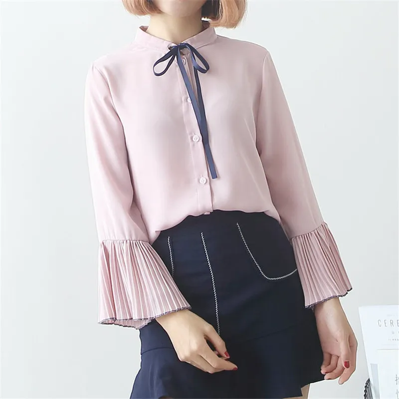 Новинка 2017 шифоновая блузка на весну и осень женские рубашки со шнуровкой бантом