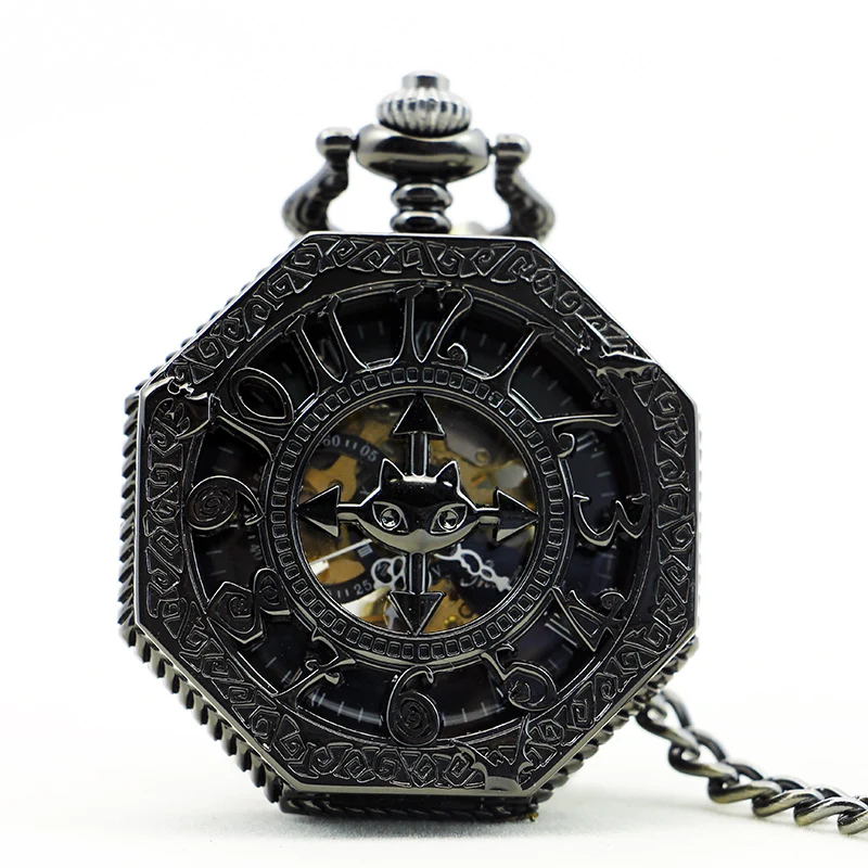 Black Hexagonal Magic Cat Embossed Hollow Mechanical Pocket Watch Retro Steampunk Manual Winding Clock Men's Holiday Gift