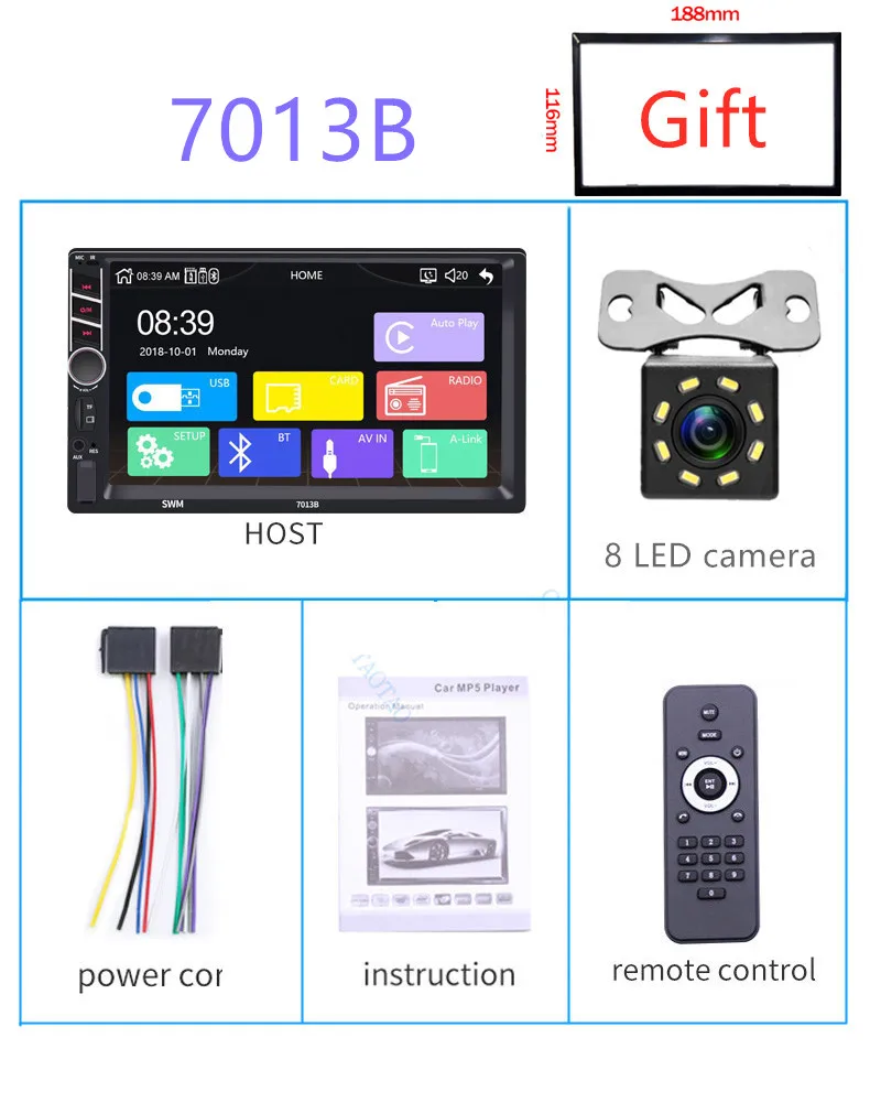 2 din автомобильный радиоприемник " HD плеер с сенсорным экраном mirrorlink Android Carplay MP5 SD/FM/USB/AUX/Bluetooth автомобильный аудио для камеры заднего вида - Цвет: H-7013B-8LED