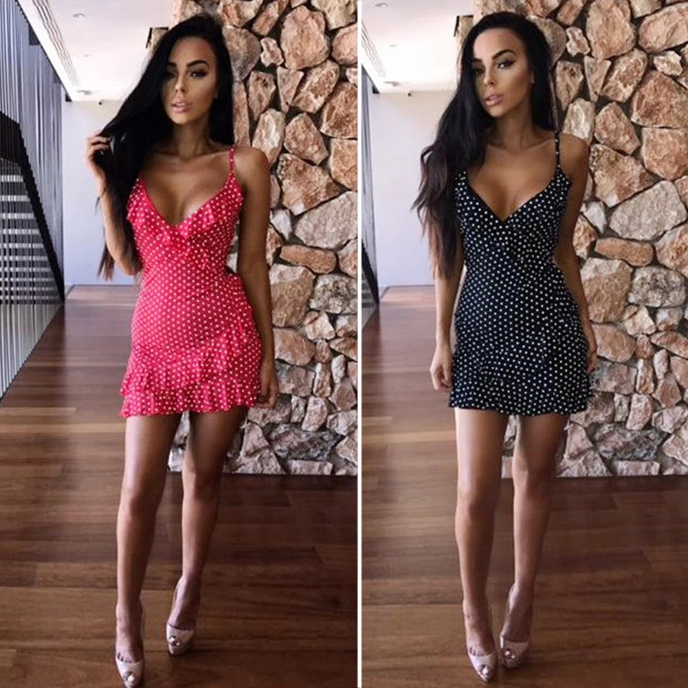 Рюшами Bodycon Лето V образным вырезом в горошек Strappy Пляжный пуловер Fabala|Женские