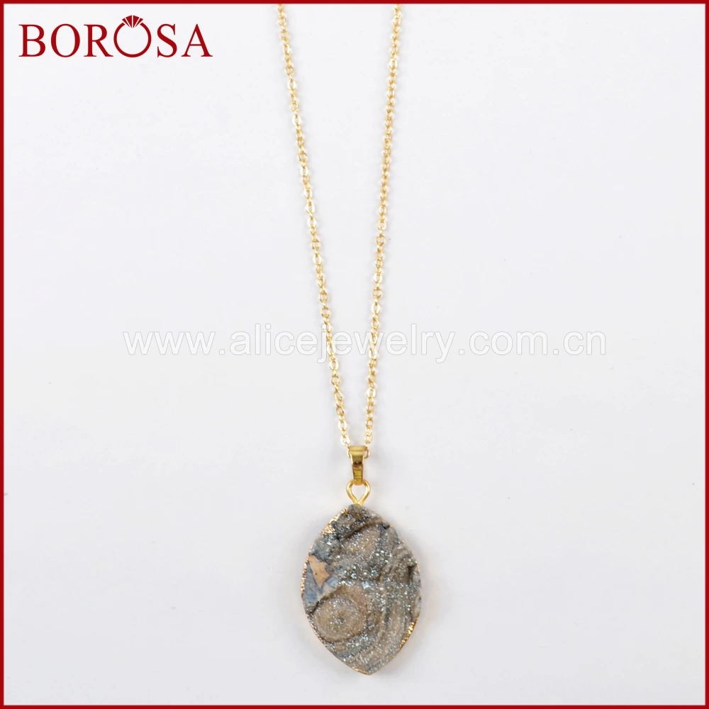 

BOROSA 5/10PCS 16" Gold Color Marquise Rainbow Titanium Galaxy Druzy Quartz Pendant Necklace Jewelry for Wholesale G1613-N