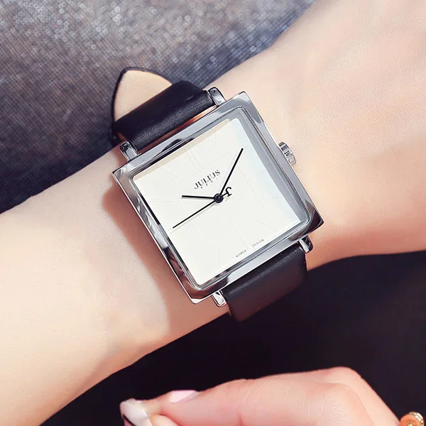 black white watch Julius бренд Простой квадратный большой циферблат кожаные часы женские винтажные водонепроницаемые кварцевые платье наручные часы леди Montre Femme подарки - Цвет: black white watch