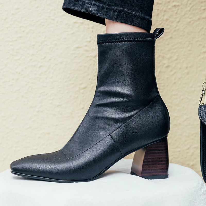 ISNOM High Heels Wood Ankle Boots Women Square Toe Party Booties Woman Leather Shoes Female Slip On Shoes Ladies Autumn New
