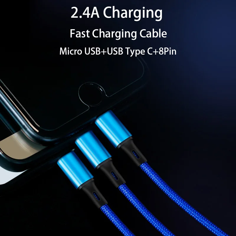 3 в 1 USB кабель Тип C 8Pin Micro для iPhone 8 XS X 7 6 6S Plus Samsung Nokia зарядное устройство зарядный