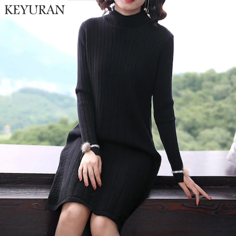 2018 Hairball с длинным рукавом ПР длинные Свитер воротником платье женщины осень-зима