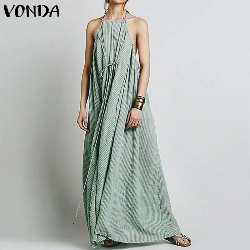 VONDA, 5 цветов, богемное длинное платье макси, винтажное сексуальное летнее платье без рукавов, праздничное платье, сарафан, повседневное пляжное платье, большие размеры