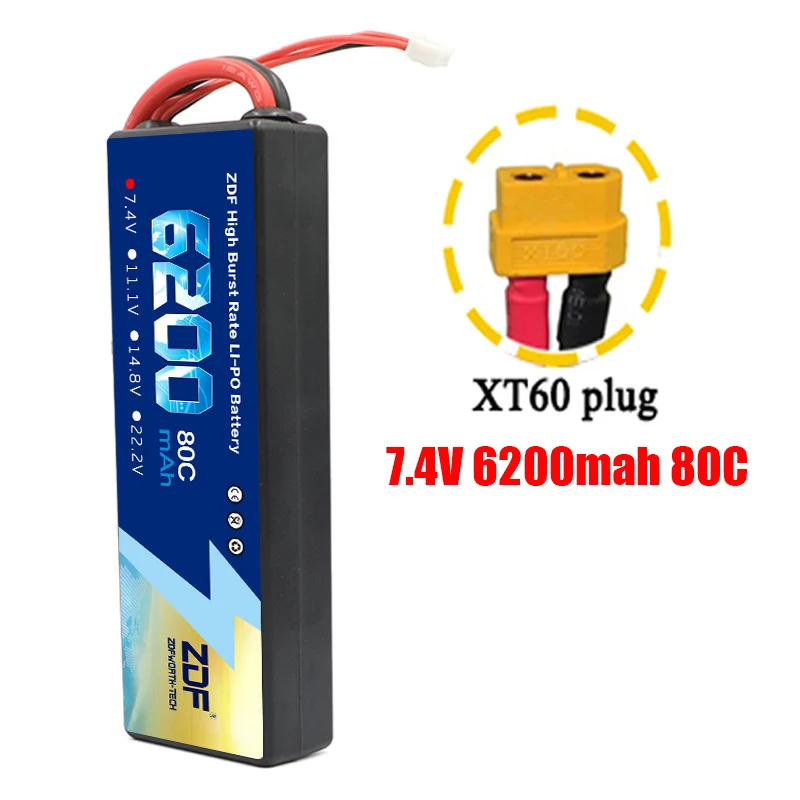 2S6200mah XT60 plug ZDF Lipo Аккумулятор 7,4 V 11,1 V 14,8 V 5200mah 6200mah Hardcase 2S 3S 4S 80C 160C 1/10 1/8 весы для Traxxas Slash 4x4 RC автомобилей лодки - Color: 2S6200mah XT60 plug