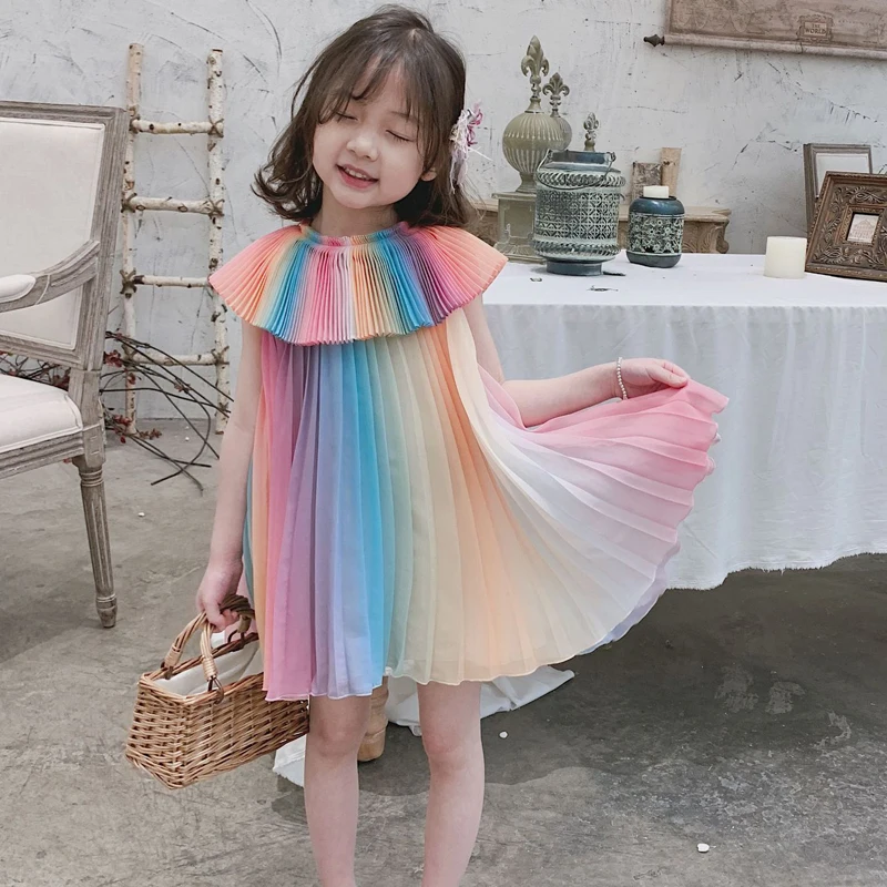 Design Rainbows Baby Girls Pleated Dresses Chiffon Fairy Party Dress Clothes Cute Maid Kids | Детская одежда и обувь