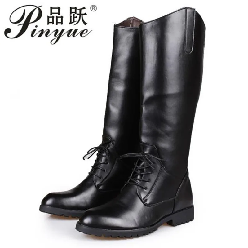 

Round Toe Lace Up Mens Knee High Leather Boots Tall Top Military Shoes Army Autumn Mid Calf British Style Black Waterproof