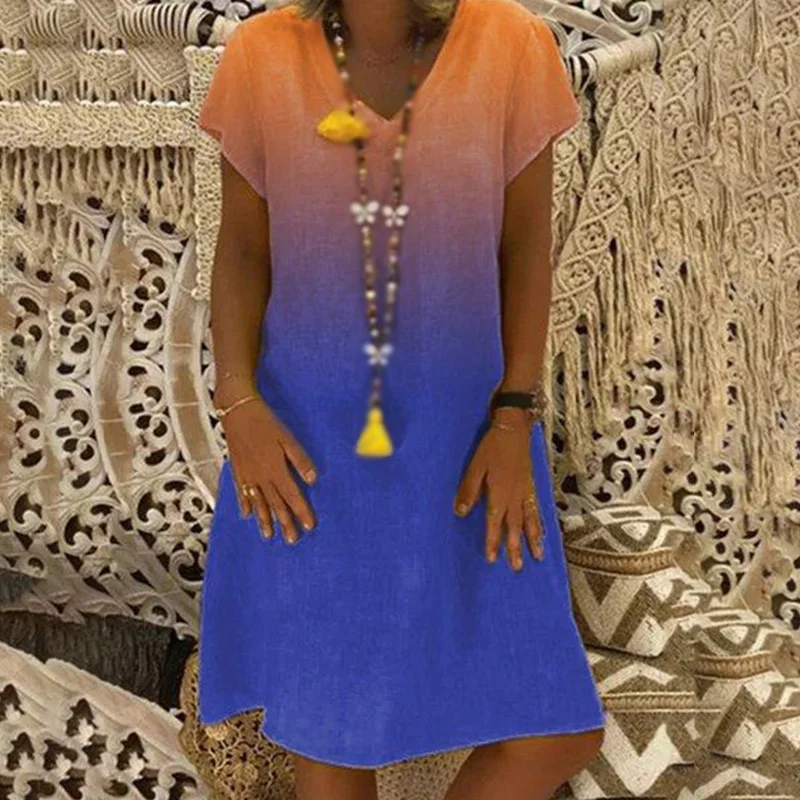 Женское платье летнее с v образным вырезом Boho вечерние короткий рукав