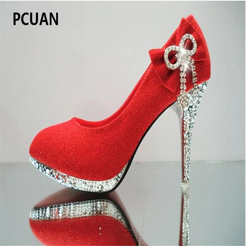 Fashion shiny crystal wedding shoes red bride thin section high heels shallow mouth bridesmaid gold butterfly 9cm | Обувь