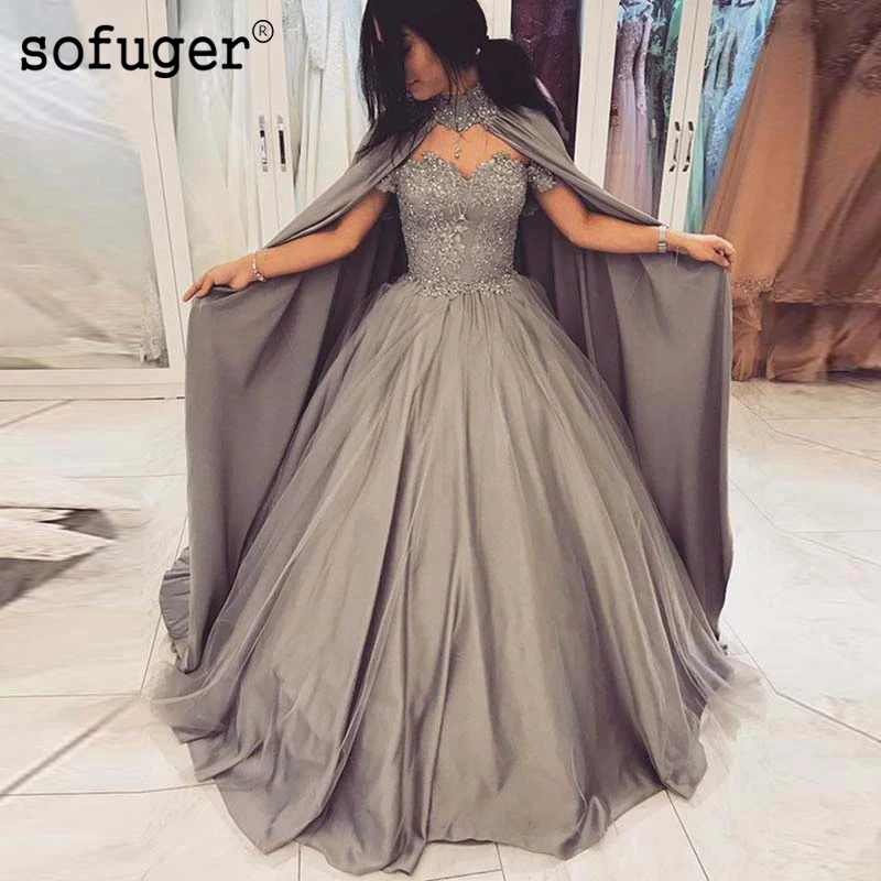 Grey Satin Appliques Big Cape Prom Beadings Arabic Evening Dress Robe De Soiree Sofuge Vestidos Fiesta Noche|Вечерние платья| |