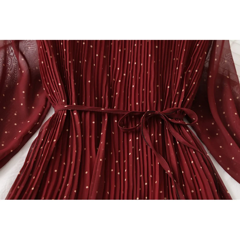 

New Pleated Dress Women Stand Collar Long Sleeved Printed Long Chiffon Dresses Spring Summer New Hot Fashion Female Casual dress