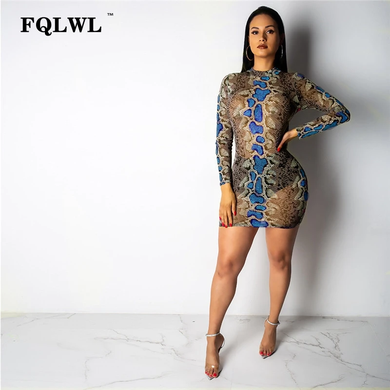 Женское Сетчатое платье с принтом змеиной кожи FQLWL облегающее мини длинным