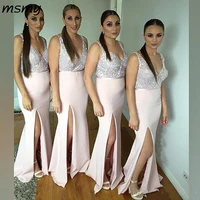 pink split sequins mermaid bridesmaid dresse long deep v neckline cheap bridesmaids wedding guest dress