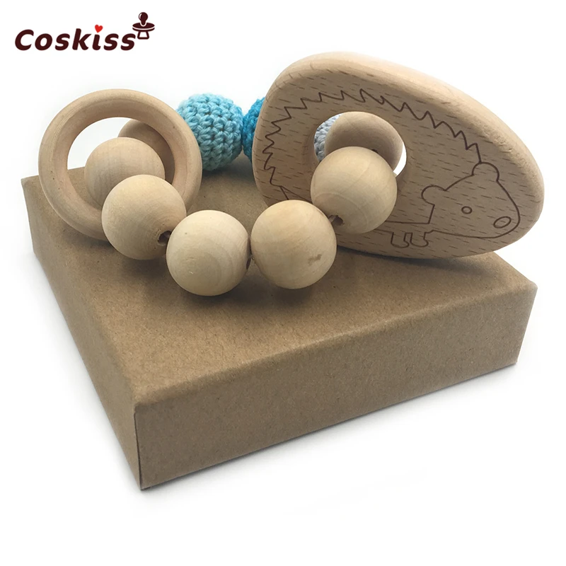 Pulsera de madera con forma de Animal para beb&eacute;, mordedor ecol&oacute;gico, juguete de dentici&oacute;n infantil, brazalete con forma de sonajero, regalo-3
