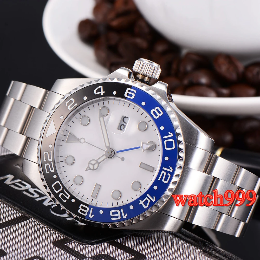 40 мм керамический ободок светящийся стерильный белый циферблат GMT сапфировое