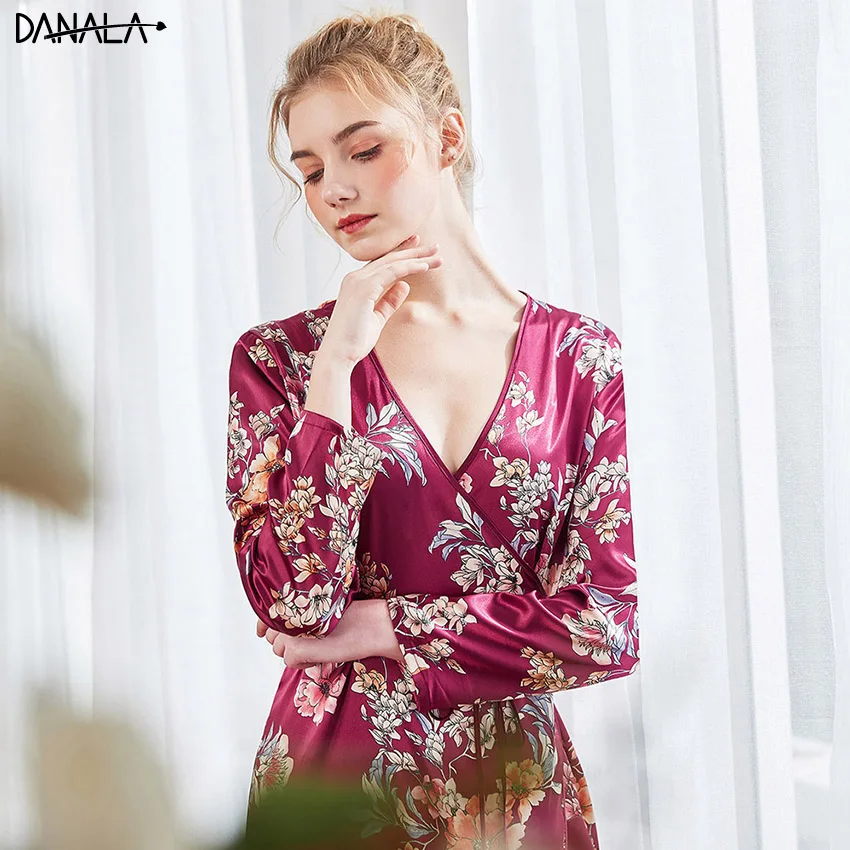 DANALA Женское ночное белье халаты кимоно осень длинный рукав цветочный принт