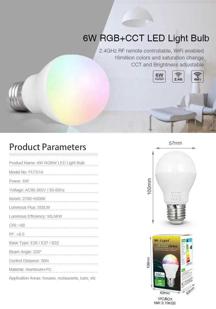Ми. свет 6 Вт Wi-Fi светодиодные лампочки A19 RGB + CCT Цвет изменение затемнения