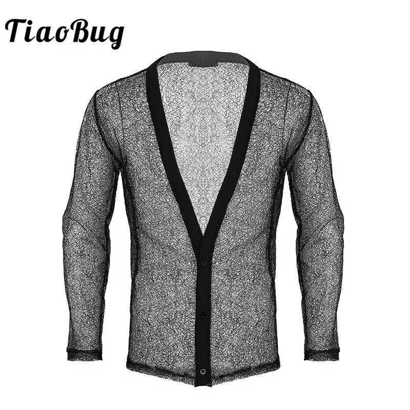 TiaoBug новые модные мужские прозрачные ажурные рубашки с длинными рукавами Повседневная куртка пальто Сексуальная мужская Клубная одежда прозрачный сетчатый топ