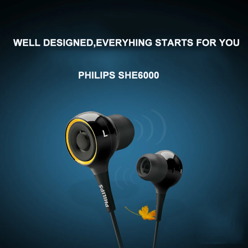 Philips SHE6000 спортивная Гарнитура наушники-вкладыши для бега с басами стерео длина кабеля 1,2 м для huawei Xiaomi Galaxy с бесплатным подарком