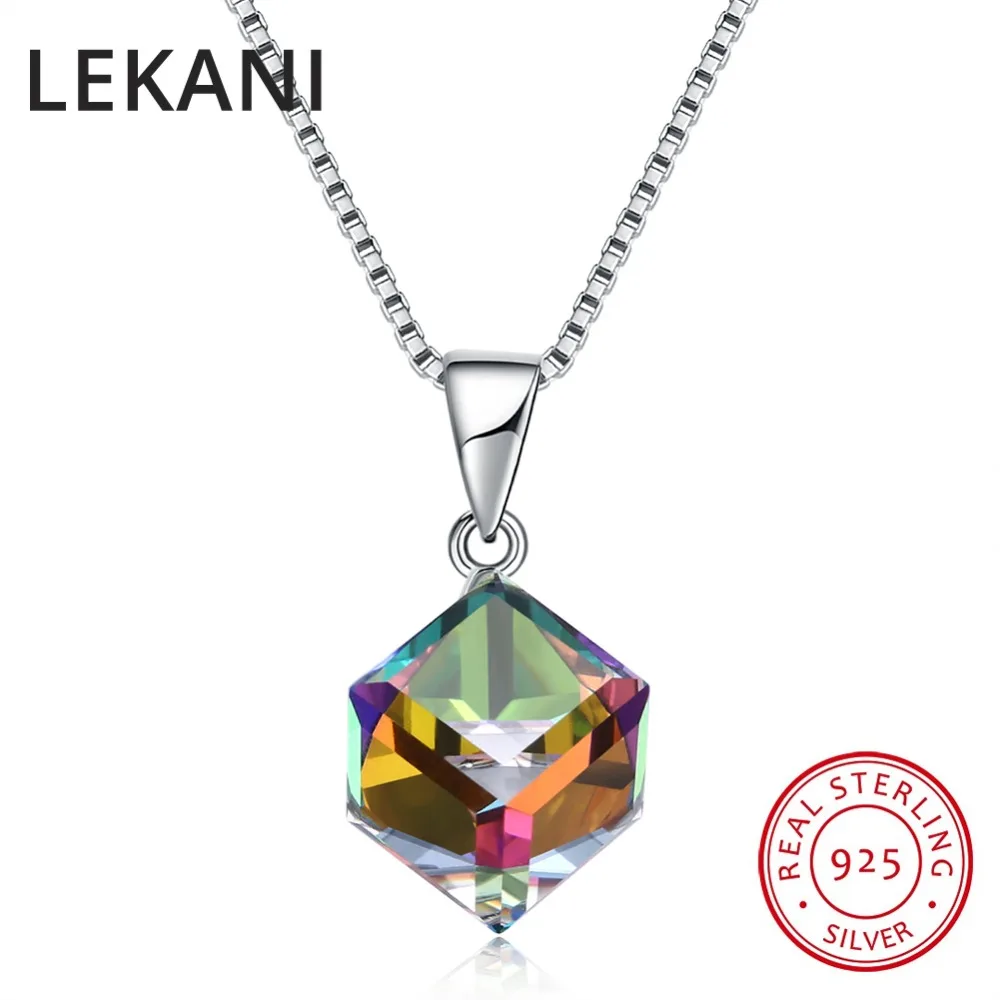 

LEKANI Fine Jewelry Multicolor Cube Bead Crystal From Austria Pendants Necklaces Simple Fashion S925 Silver Collares For Women